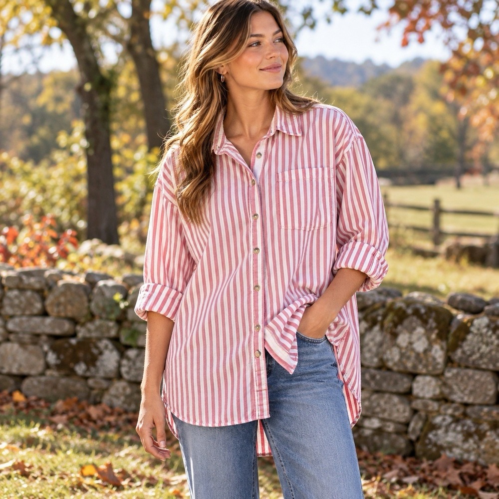 Free People We the Free Freddie Oversized Muted Red Striped Shirt Womens Large